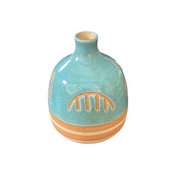 Vintage Hand-made Ceramic Pottery Bud Vase GlossyTurquoise and Orange Clay Color - Picture 1 of 5